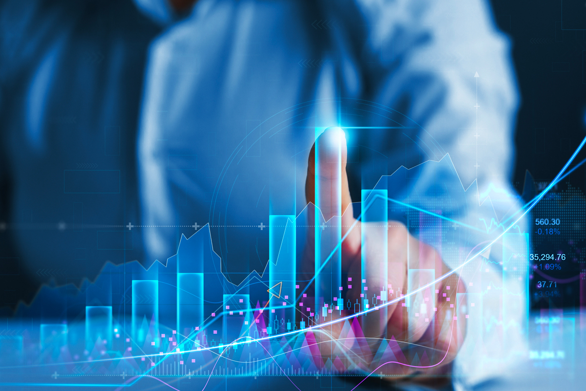 gráfico financeiro iluminado representando a origem e a evolução do mercado de securitização e a integração global