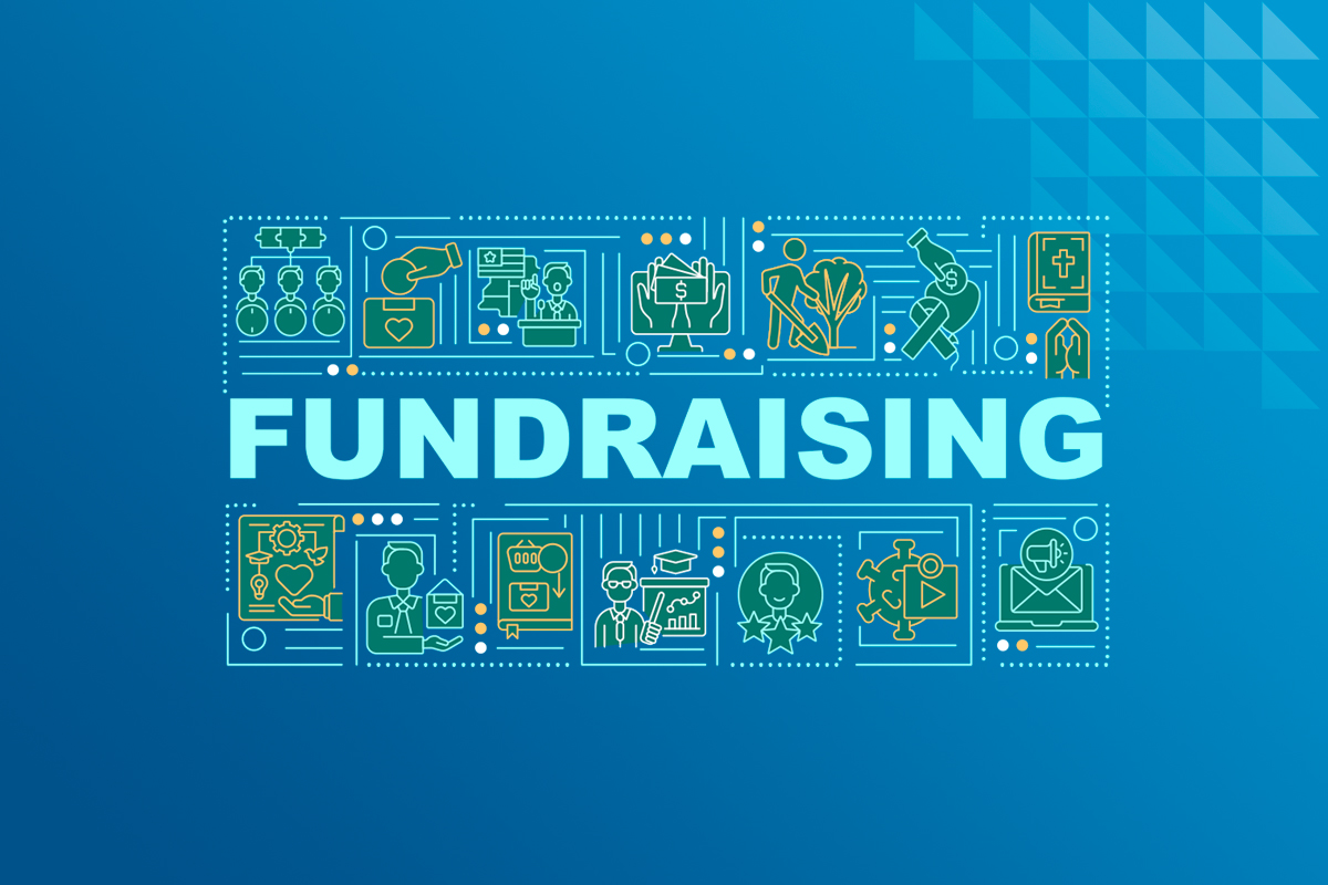 Imagem com a palavra FUNDRAISING em destaque ao centro, em letras grandes e azuis, sobre um fundo azul com elementos gráficos em linha representando temas como doações, saúde, meio ambiente, educação, pesquisa, e-mails e conexões. Os ícones ao redor simbolizam atividades relacionadas à captação de recursos e causas sociais.